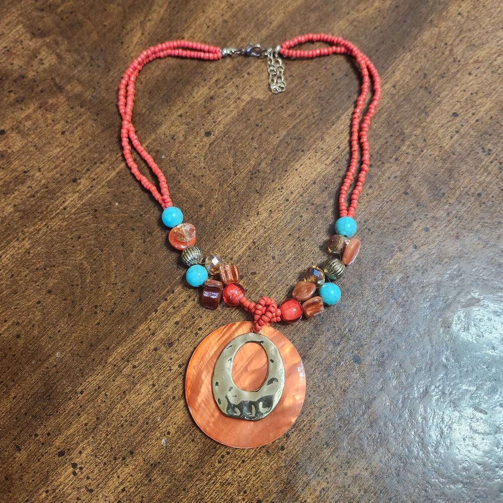 Orange Dyed Shell Pendant Necklace Red Seed Bead Aqua Glass Turquoise Boho 20in